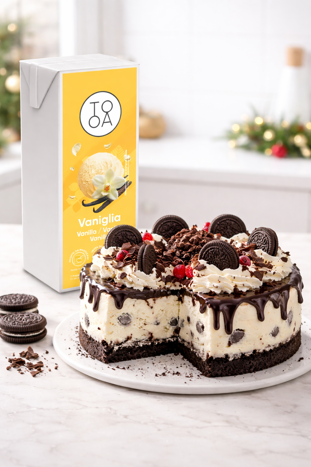 Torta gelato con biscotti Oreo, un dessert natalizio facile e spettacolare, preparato con TooA
