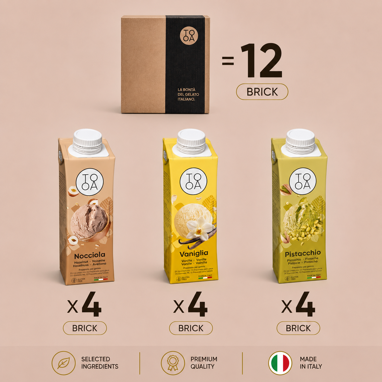 Cremiger Mix – 12 Brik-Packs à 250 ml (4 Haselnusseis | 4 Vanille | 4 Pistazie)