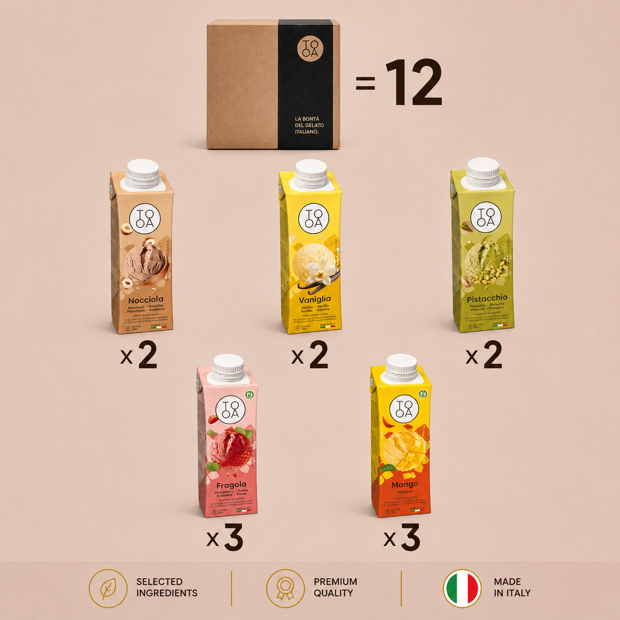 Super Mix – 12 briques de 250 ml (2 Noisette | 2 Pistache | 2 Vanille | 3 Fraise | 3 Mangue)